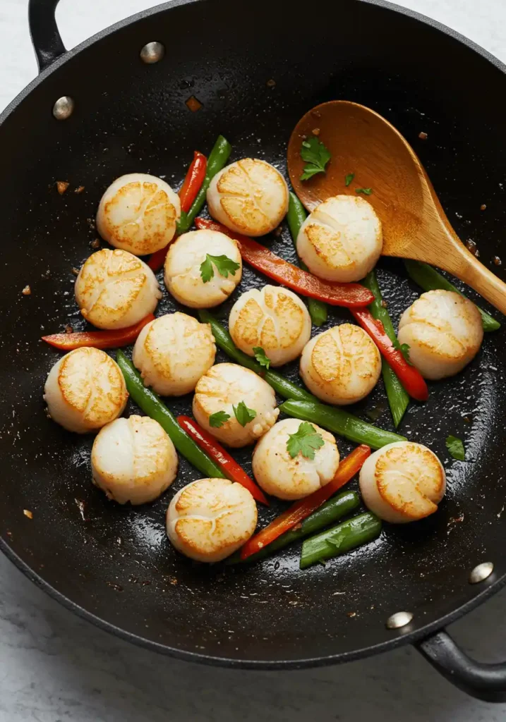 Golden seared scallops stir-fried with vegetables in a black wok.