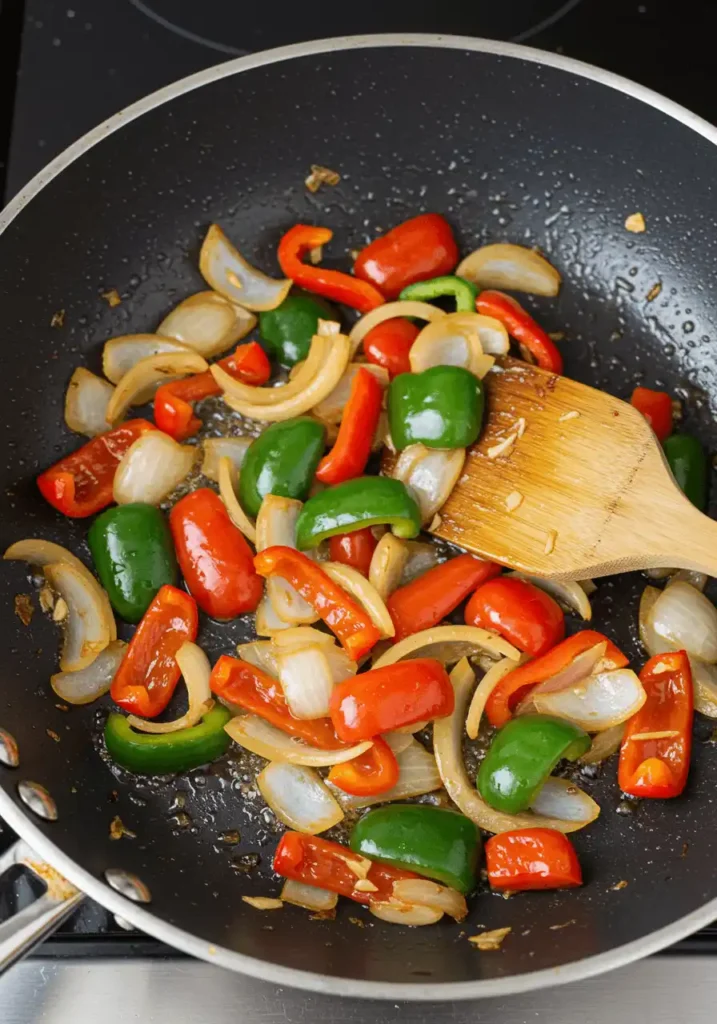 Stir-fried bell peppers and onions in a wok for seafood stir fry.
