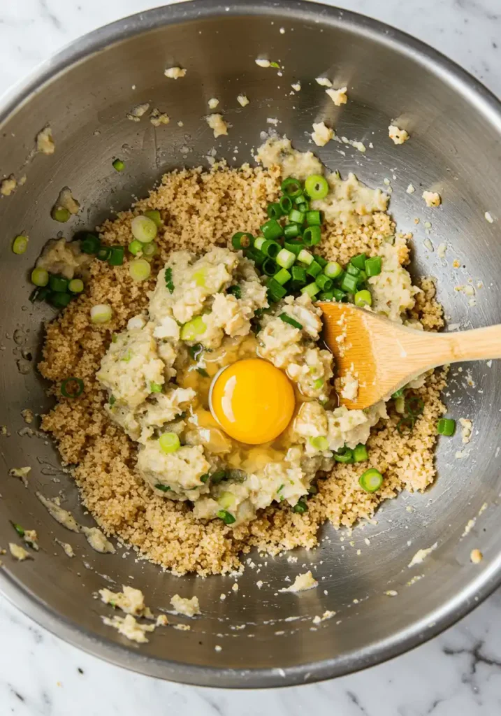 Fishcake ingredients including fish, green onions, egg, and breadcrumbs being mixed in a metal bowl.
